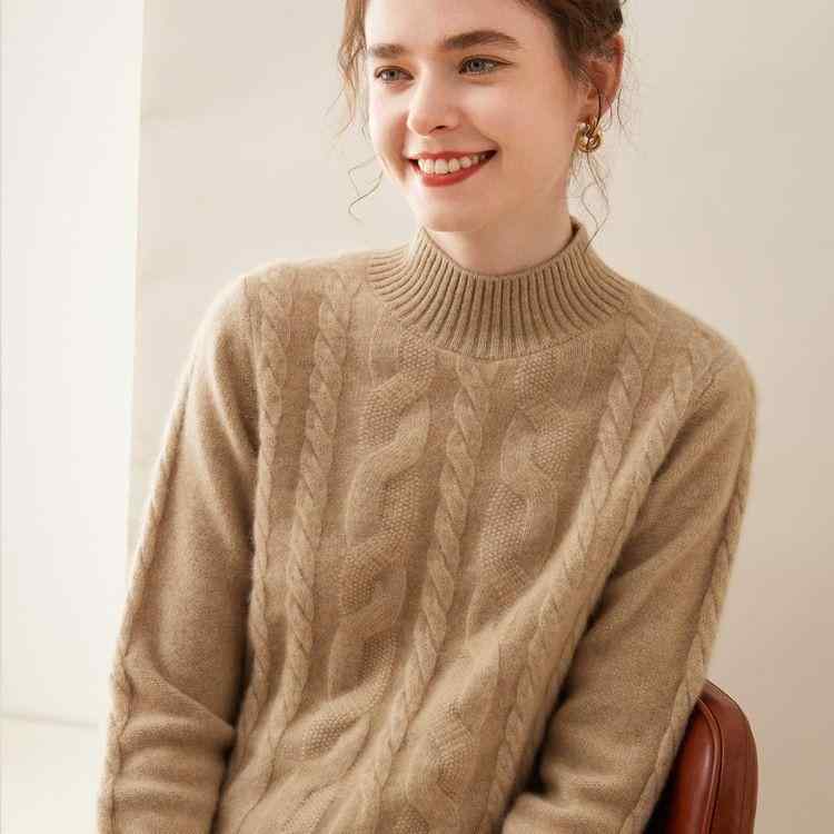 ニット レディース セーター 秋冬 無地 ハーフハイネック ケーブル編み ゆったり 厚手 プルオーバー 青絨米 香草米 紫絨駝 高雅駝 ロンドンレッド