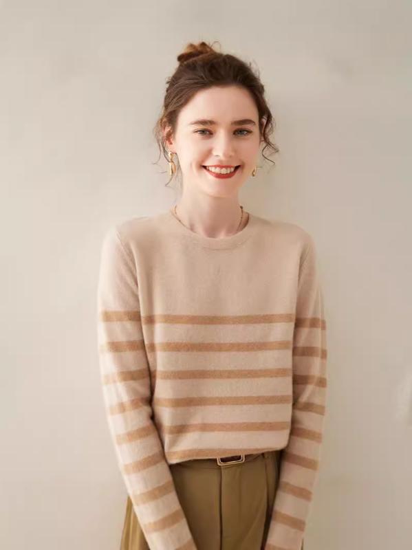 Three-Quarter Knit - ニット レディース 秋冬 ストライプ柄 長袖 セーター トップス ラウンドネック 暖か インナー ブラック ピンク系 アイボリー