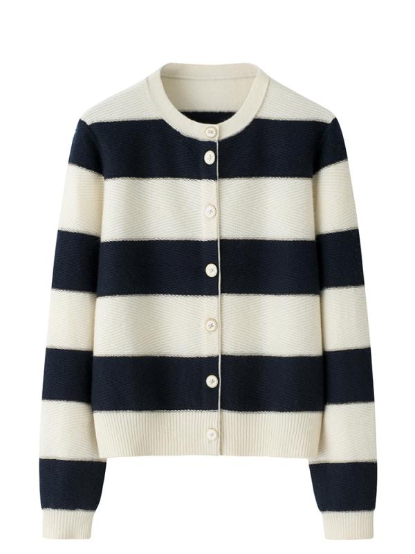 カーディガン レディース 丸首 黒 白 ボーダー 厚手 ニット セーター ゆったり 羊毛 暖かい あったか 秋冬