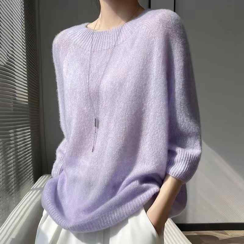 ニット レディース 桑蚕糸 混 セーター 薄手 七分袖 ハーフネック プルオーバー ゆったり 春夏 トップス 無地 エレガント カジュアル きれいめ 通勤着 普段使い