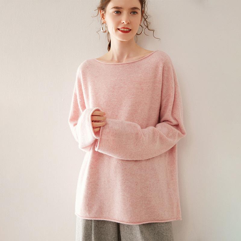 ニット レディース セーター トップス 一字領 羊毛 混紡 ゆったり 長袖 ミドル丈 秋冬 アイボリー ピンク系 グレー