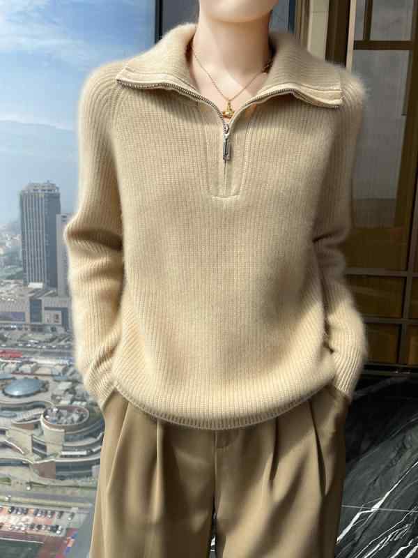 ニット レディース 混 セーター ハーフジップ プルオーバー 厚手 ウール 混紡 ゆったり 長袖 トップス 秋冬 車厘子(チェリー)レッド 南瓜(パンプキン)ブラウン 青 紺 S M L XL XXL