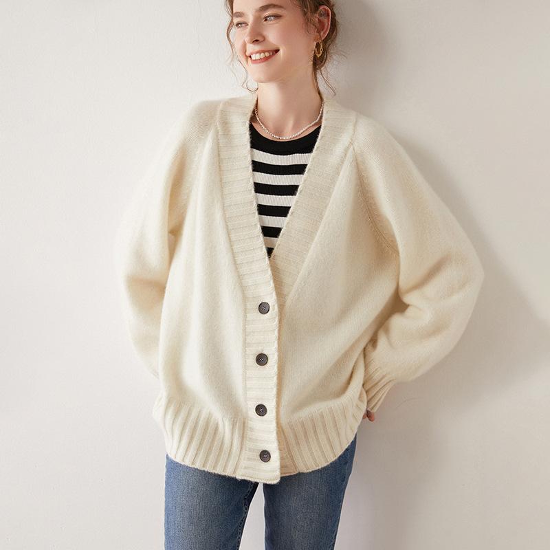 カーディガン レディース 羊毛 長袖 ニット トップス ゆったり Vネック 厚手 秋冬 暖かい 防寒 柔らかい 無地 日韓風 リラックス ソフトホワイト ブラウン グレー