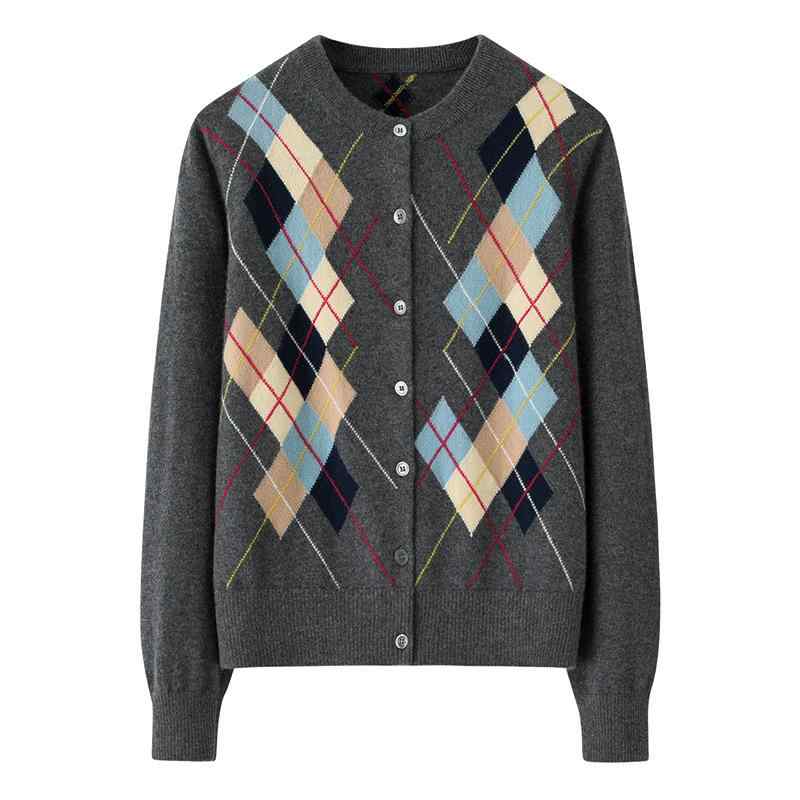 カーディガン レディース 丸首 ショート丈 トップス アーガイル柄 長袖 ニット 前開き 12ゲージ 秋冬 炭グレー XS S M L XL 2XL