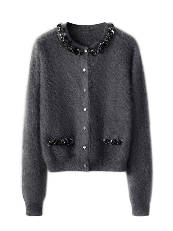 カーディガン レディース 秋冬 ラウンドネック プルオーバー ニット トップス 長袖 暖かい 厚手 スパンコール ゆったり 通勤 オフィス エレガント グレー