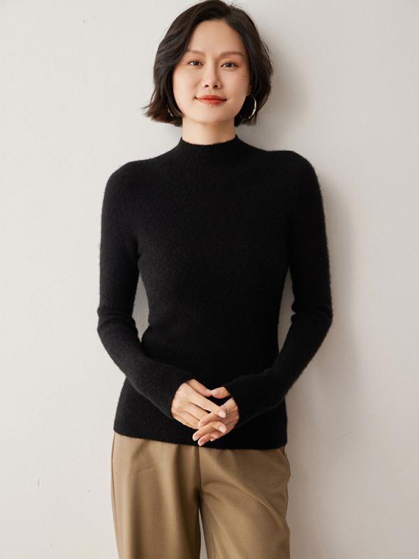 ニット レディース 秋冬 厚手 セーター ハーフネック プルオーバー スリム 長袖 トップス 無地 ホワイト ピンク ブラック レッド グレー ベージュ 伸縮性 通勤