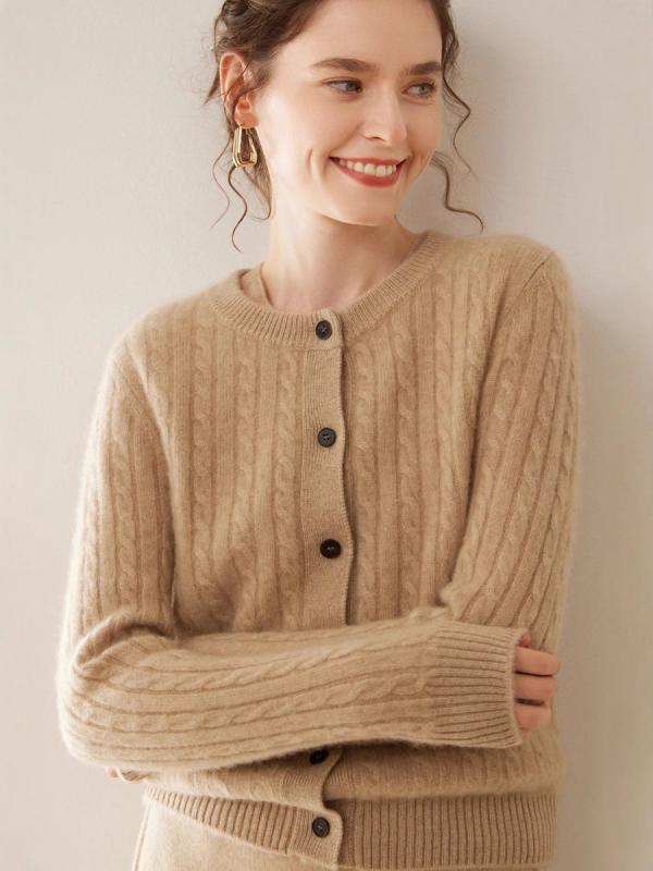 カーディガン レディース ニット 秋冬 長袖 ラウンドネック 羊毛 混 厚手 ゆったり 無地 通勤 高雅驼 奶白