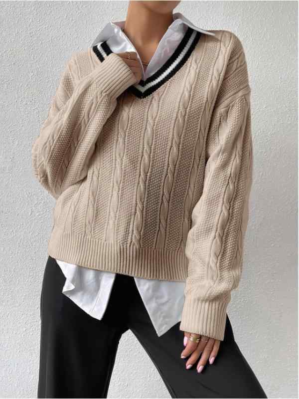 ニット レディース Vネック プルオーバー ケーブル編み 無地 トップス 長袖 ゆったり ホワイト カーキ ネイビー 普段使い 通勤着 リラックス 秋冬