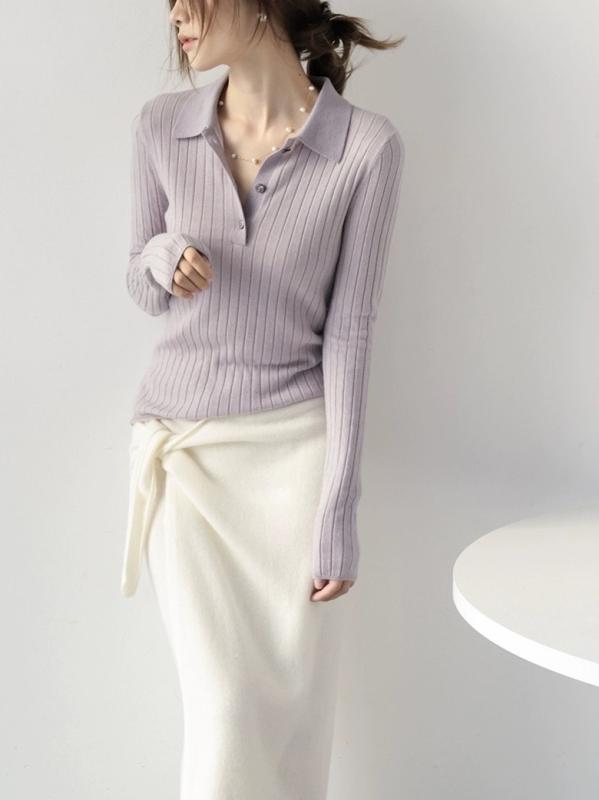 ニット レディース オーストラリア産メリノウール混紡 ストライプ POLOネック プルオーバー トップス カットソー 秋 通勤 エレガント スタイル 白藤紫 太妃驼 炭石黒