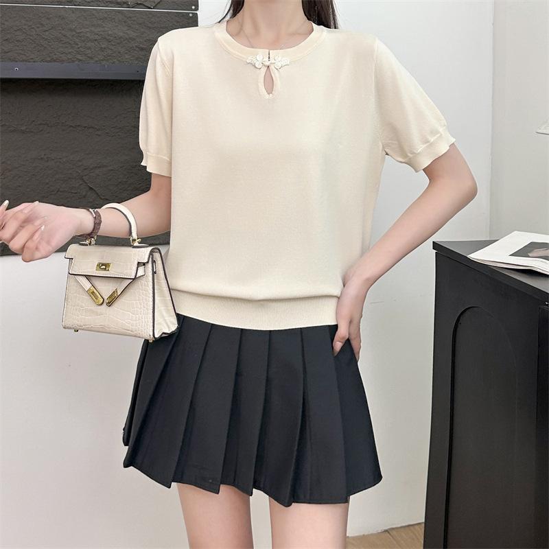 ニット レディース 半袖Tシャツ 春夏 レトロ 国風 丸首 プルオーバー チャイナボタン ニットトップス 杏色 ピンク系 通勤(x2)(4)