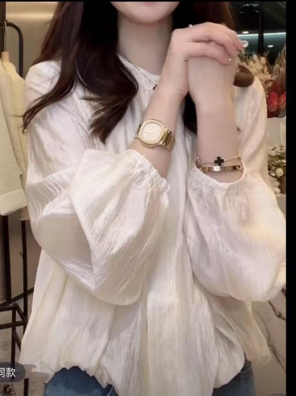 シャツ レディース シャンパンカラー トップス 春夏 エレガント アップ 着痩せ 長袖 丸首 コットンブレンド 通勤 スタイル