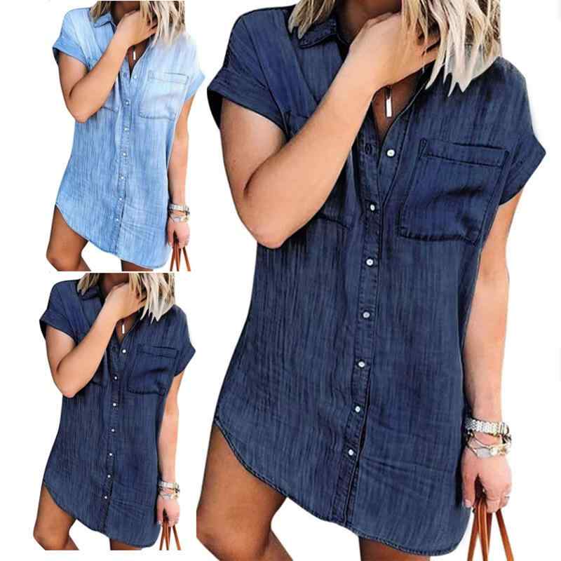 シャツ レディース 半袖 デニム 仿旧(アンティーク) ウエストマーク トップス ブラウス POLO襟 深青 浅青