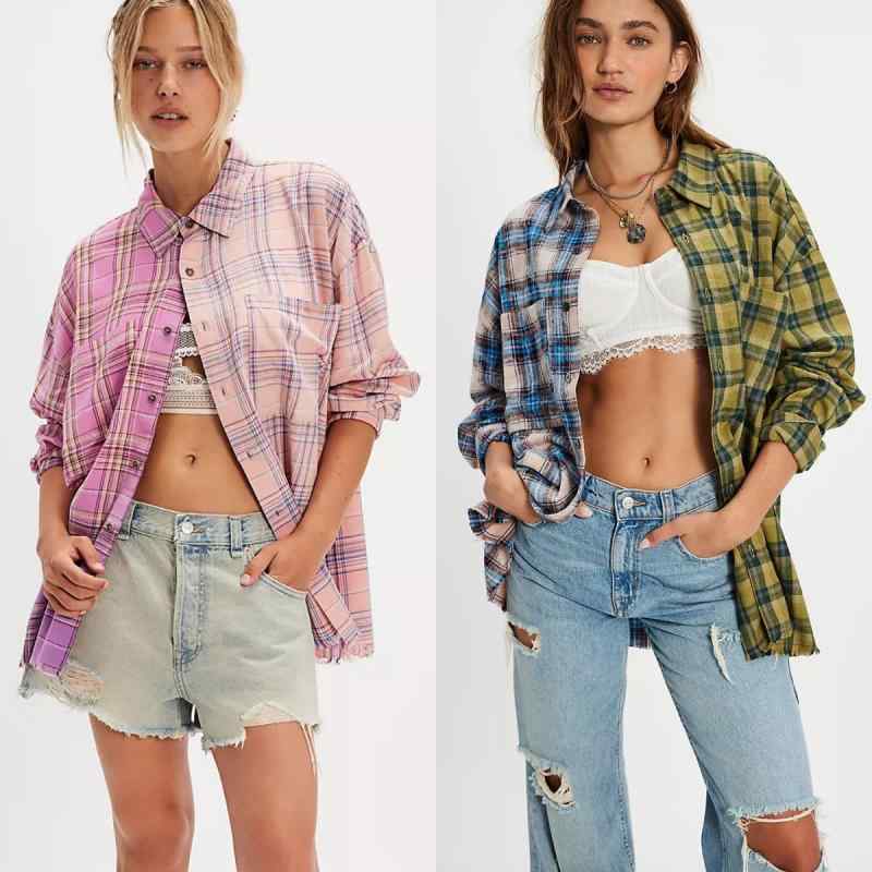 シャツ レディース 格子柄 長袖 ポリエステル 襟付き チュニック丈 トップス ピンク系 グリーン S M L XL XXL ゆったり カジュアル 普段使い(4)