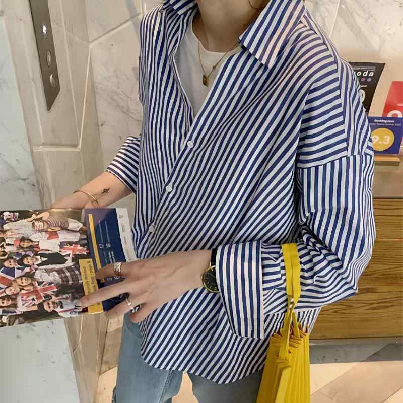 シャツ レディース ストライプ柄 長袖 襟付き 春夏 トップス アクリル ポリエステル ゆったり 通勤 オフィス カジュアル(x2)