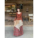 セットアップ レディース 春秋 民族風 ティアードネック Tシャツ Aライン スカート 上下 2点セット アクリル 格子柄 通勤