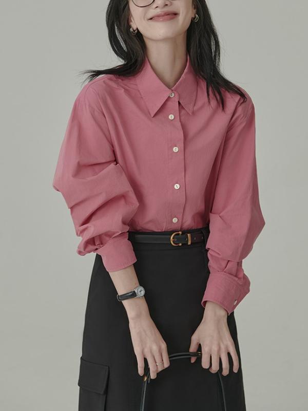 シャツ レディース 春 トップス フレンチスタイル リラックスフィット 長袖 スタイル エレガント ホワイト 無地 カットソー POLO襟 ボタン留め 通勤着