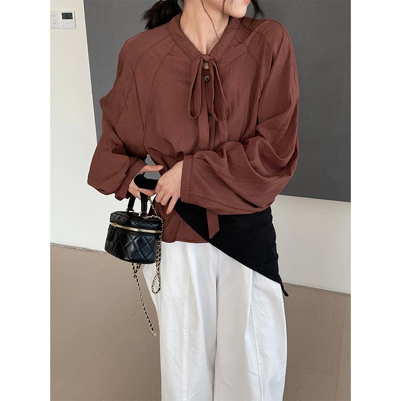 シャツ レディース 韓国 Vネック コットンブレンド 蝶結び 長袖 トップス 赤系 白 黒 ゆったり 日韓スタイル