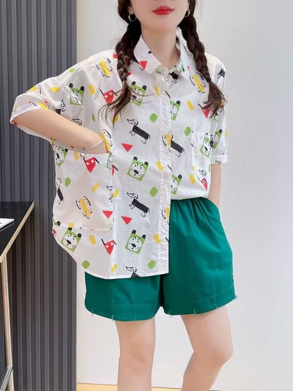 シャツ レディース 半袖 トップス コットン 森ガール かわいい カートゥーン レインボー プリント ゆったり 羽織り ブラウス 学院風 清新 甘め 春夏(x2)