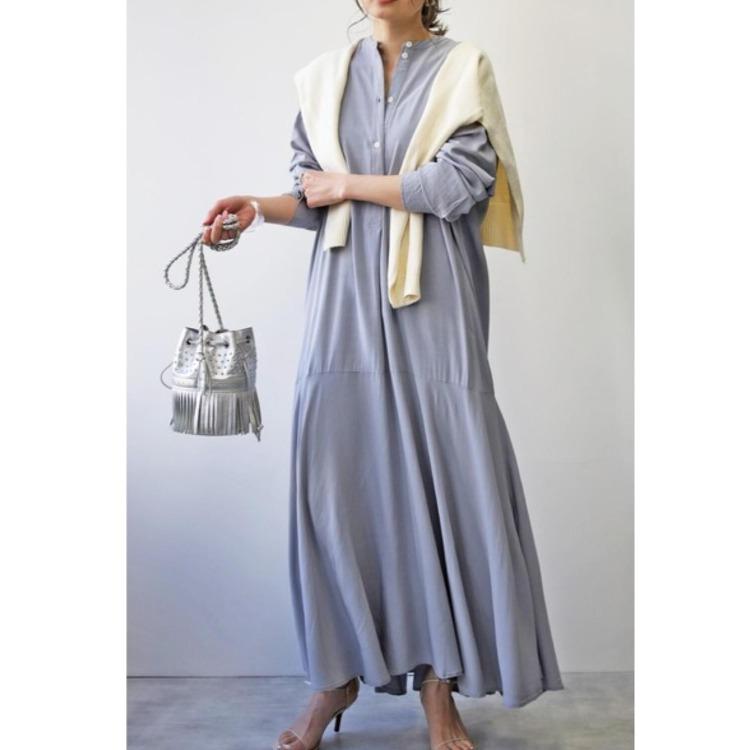 ワンピース レディース 韓国 長袖 裾フリル ロング ストライプ柄 シャツワンピース コットン ブルー S M L XL 2XL(x2)