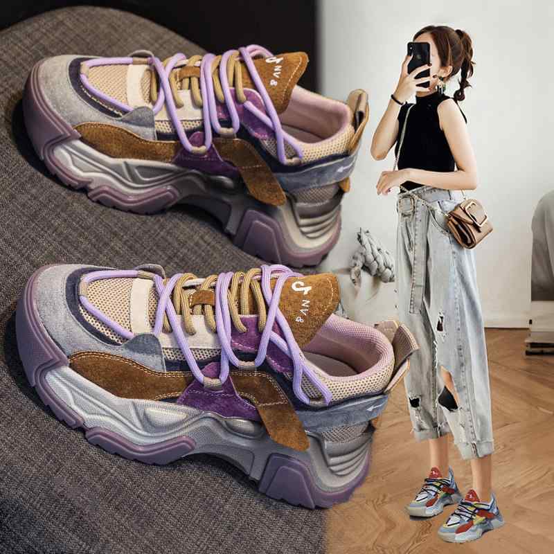 スニーカー レディース 厚底 スポーツ カジュアル シューズ 革 メッシュ 切り替え 運動靴 通気性 衝撃吸収 パープル レッド ベージュ 春夏(x2)