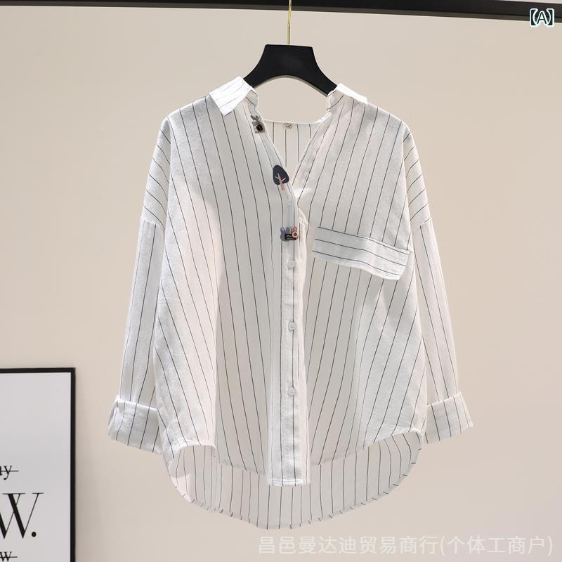シャツ レディース ストライプ柄 長袖 コットン ポロシャツ ゆったり カジュアル トップス 通勤 オフィス 春秋 白系