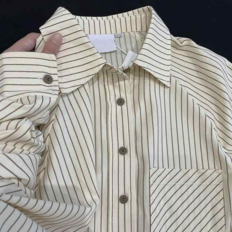 シャツ レディース ストライプ柄 ポリエステル 長袖 ミドル丈 ブラウス ポロ襟 ゆったり 文芸風 レトロ ポケット