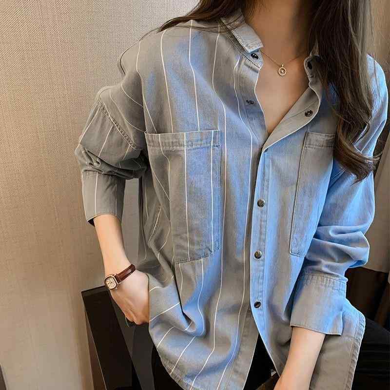 シャツ レディース ストライプ柄 デニムシャツ ブラウス トップス ゆったり 長袖 ポロ襟 切り替え 2025年秋冬 綿 混紡 浅青 紺色