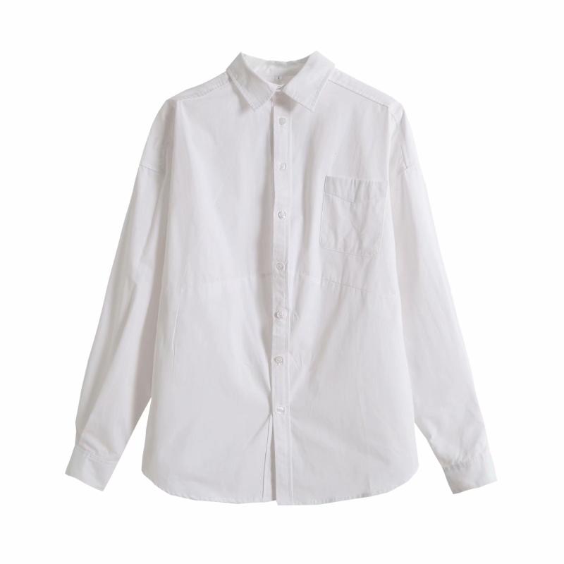 シャツ レディース ゆったり コットン 長袖 翻襟 無地 白 水色 ドロップショルダー カジュアル ストリート