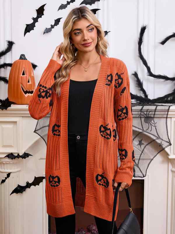ニットカーディガン レディース Vネック 長袖 ハロウィン 南瓜柄 提花 秋冬 ブラック オレンジ パープル(x2)