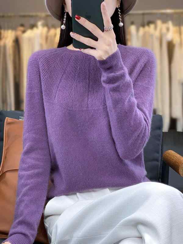 Rakuten - ニット レディース セーター 長袖 アンディ绒 無地 プルオーバー ラウンドネック 鉤針編み トップス M L XL XXL 浅燕麦 富贵紫 树莓红(x2)