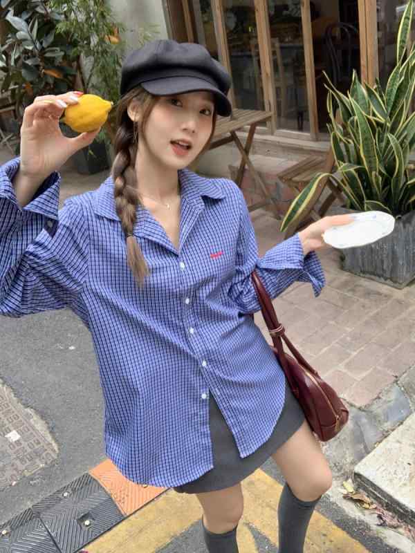 シャツ レディース 格子柄 長袖 刺繡 襟付き ブラウス ゆったり カジュアル ブルー 春秋