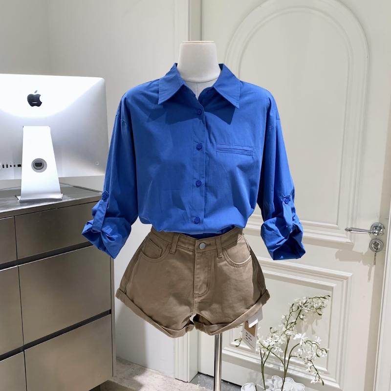 シャツ レディース 韓国 長袖 コットン カッターシャツ ブラウス + ショートパンツ デニム カプリパンツ カジュアル かわいい 春夏 ブルー カーキ