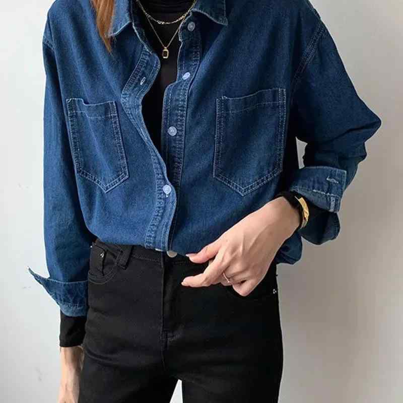 Other - シャツ レディース デニムシャツ ブルージーンズ ウォッシュ加工 綿 水洗い 長袖 POLO襟 春秋 アウター トップス 通勤 きれいめ(x2)