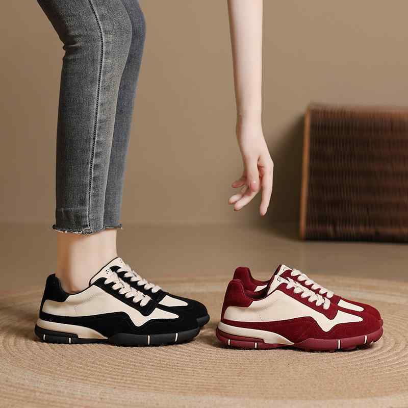 スニーカー レディース 運動靴 革 厚底 滑り止め ローカット レースアップ カジュアル 秋冬 黒 ブラック ワインレッド