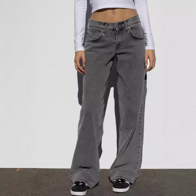 デニム レディース ストレート ワイドレッグ ジーンズ パンツ ゆったり ハイウエスト コットン ウォッシュ加工 秋冬 ホワイト グレー ブルー