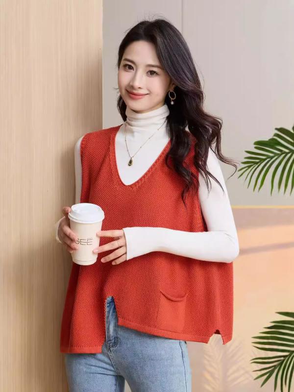 ニット レディース Vネック ニットベスト ゆったり 体型カバー チュニック丈 秋冬 黒 ブラック系