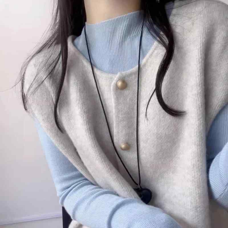 ニット レディース ニットベスト レイヤード 重ね着 ラウンドネック セーター カーディガン トップス 通勤着 普段使い ポリエステル ミディアム丈 ベージュ系 グレー