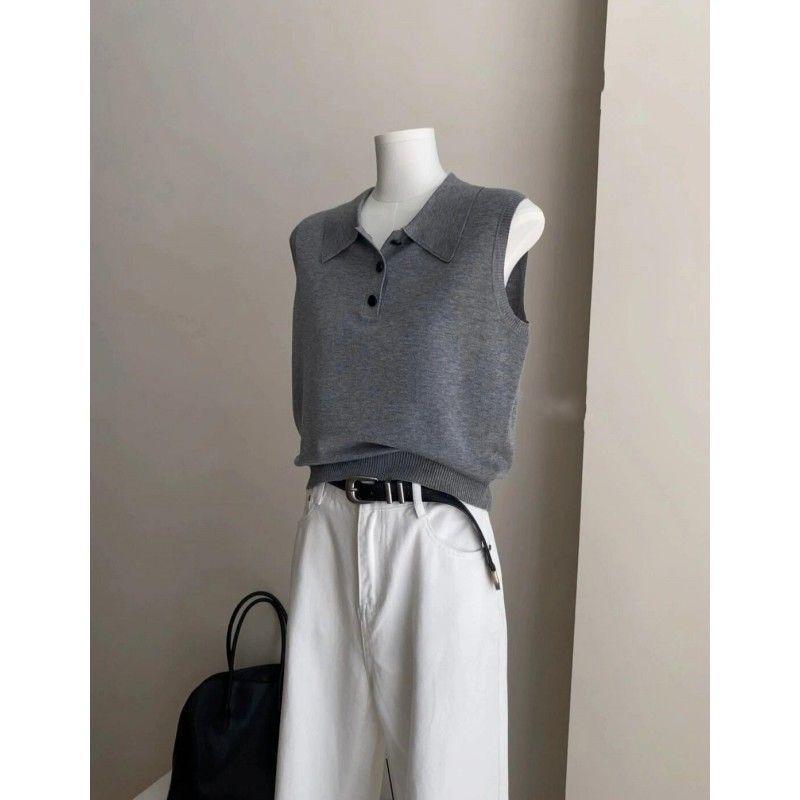 ニットベスト レディース 半袖 トップス 襟付き グレー 無地 ショート丈 アクリル 春夏 韓国 カジュアル きれいめ