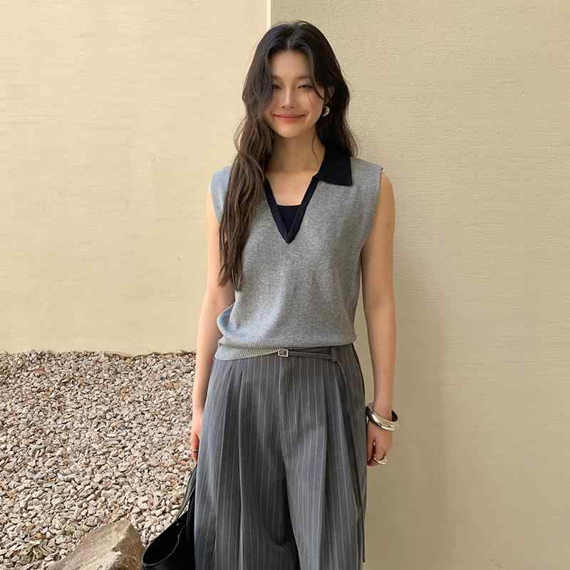 ニットベスト レディース レトロ 配色 POLOネック プルオーバー ポリエステル アクリル ウール 文艺 复古 トップス カットソー ブラック レッド ベージュ カーキ アプリコット ライトグレー