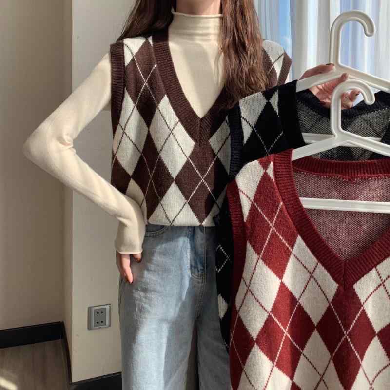 ニットベスト レディース Vネック アーガイル柄 レトロ風 重ね着 通勤 トップス 赤 黒 コーヒー 配色 普段使い(x2)