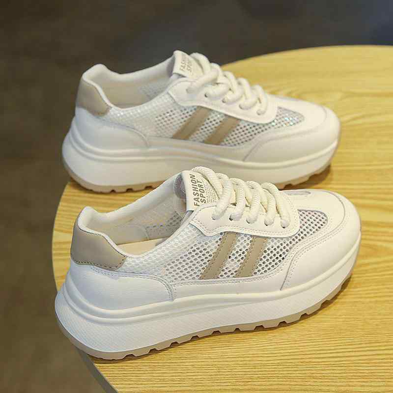 スニーカー レディース 革 メッシュ 厚底 スポーツ カジュアル 運動靴 通気性 婦人靴 紐靴 ローカット フラットソール ラウンドトゥ 衝撃吸収 クッション性 歩きやすい 滑り止め 春夏