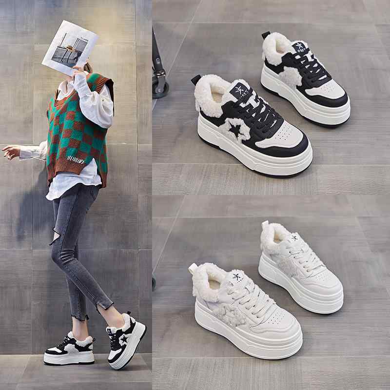 靴 レディース ムートン 厚底 スニーカー 秋冬 スポーティー カジュアル 革 シープスキン 6cmヒール ラウンドトゥ レースアップ 黒 白 ベージュ