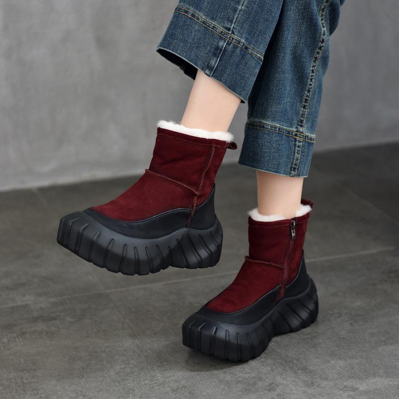ブーツ レディース 厚底 ショートブーツ 牛革 スノーブーツ 暖か 保温 防寒 サイドジップ ラウンドトゥ レトロ 配色 切替Standard 秋冬