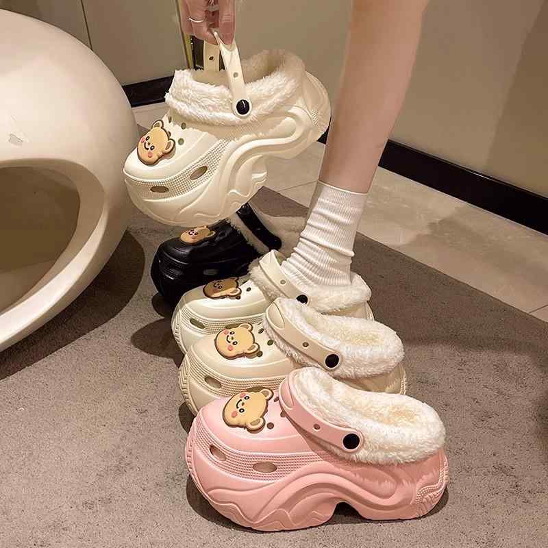 サンダル レディース 厚底 インヒール ファー付き 暖か スリッパ 秋冬 かわいい 快適 ラウンドトゥ EVA 軽量 ブラック ピンク系