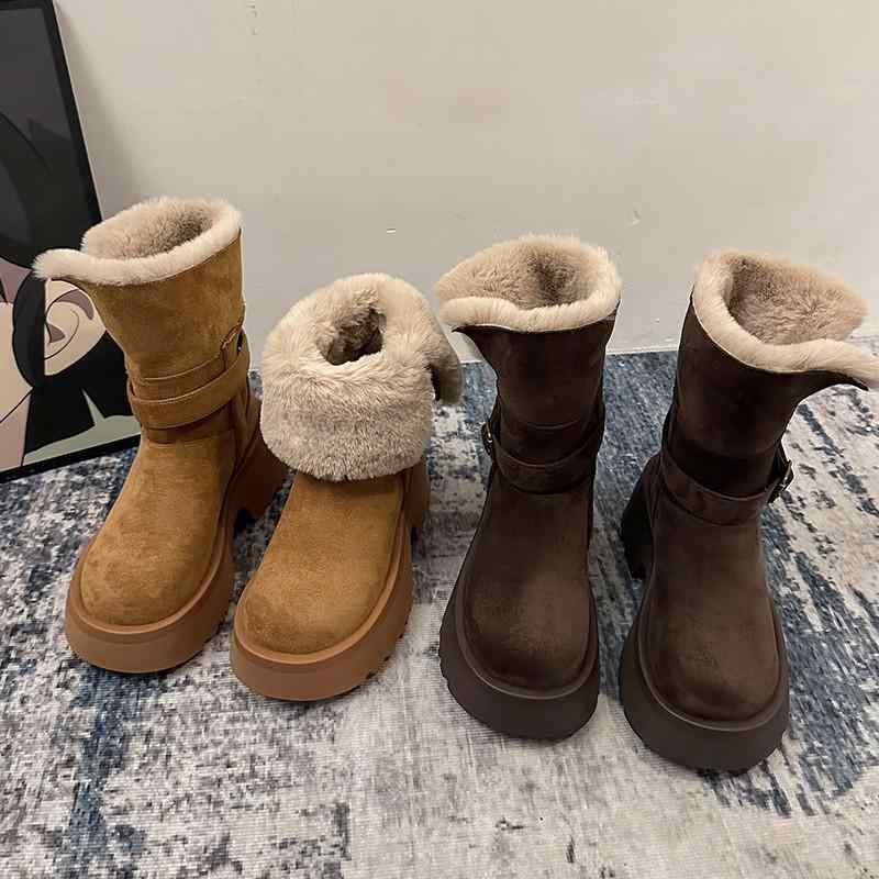 スノーブーツ レディース 厚底 ミドル丈 秋冬 暖かい 防寒 滑り止め 履きやすい カジュアル ラウンドトゥ 6cmヒール 婦人靴 ブラウン ベージュ