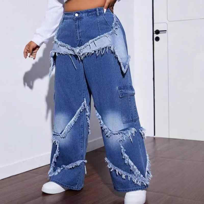 デニム レディース カーゴパンツ 卸売 ワイドレッグ ジーンズ S～5XL コットン ポリエステル ミックス ストリート カジュアル スタイル 春夏(x50)