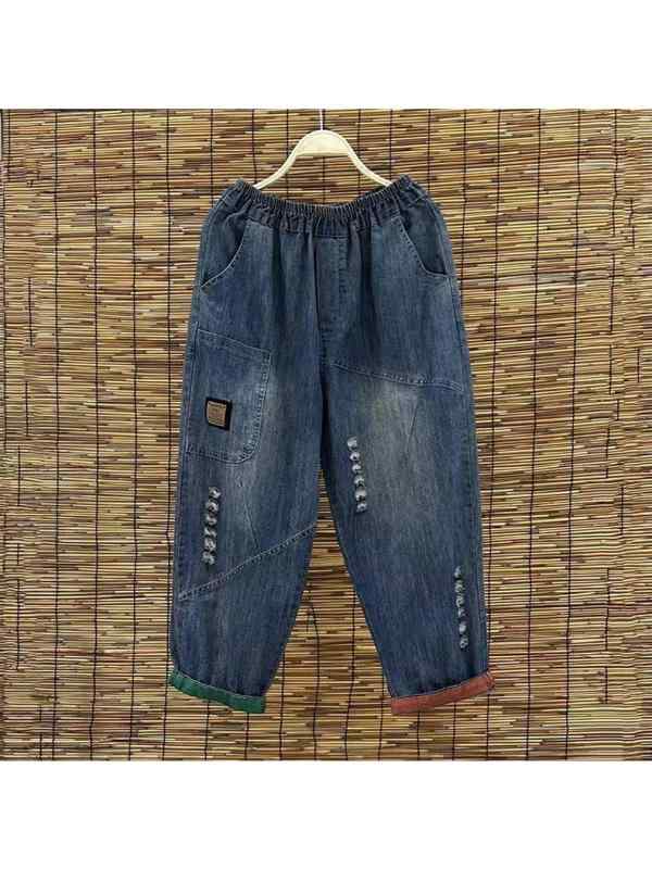 ジーンズ レディース デニムパンツ ゆったり ハーレムパンツ ダメージ加工 切り替え 9分丈 ハイウエスト ポケット付き 薄手 ジーパン カジュアル 通勤 普段使い