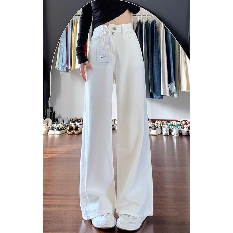 ジーンズ レディース ハイウエスト ワイドレッグ ストレート パンツ デニム ジーパン 白 春夏 ゆったり 文芸風