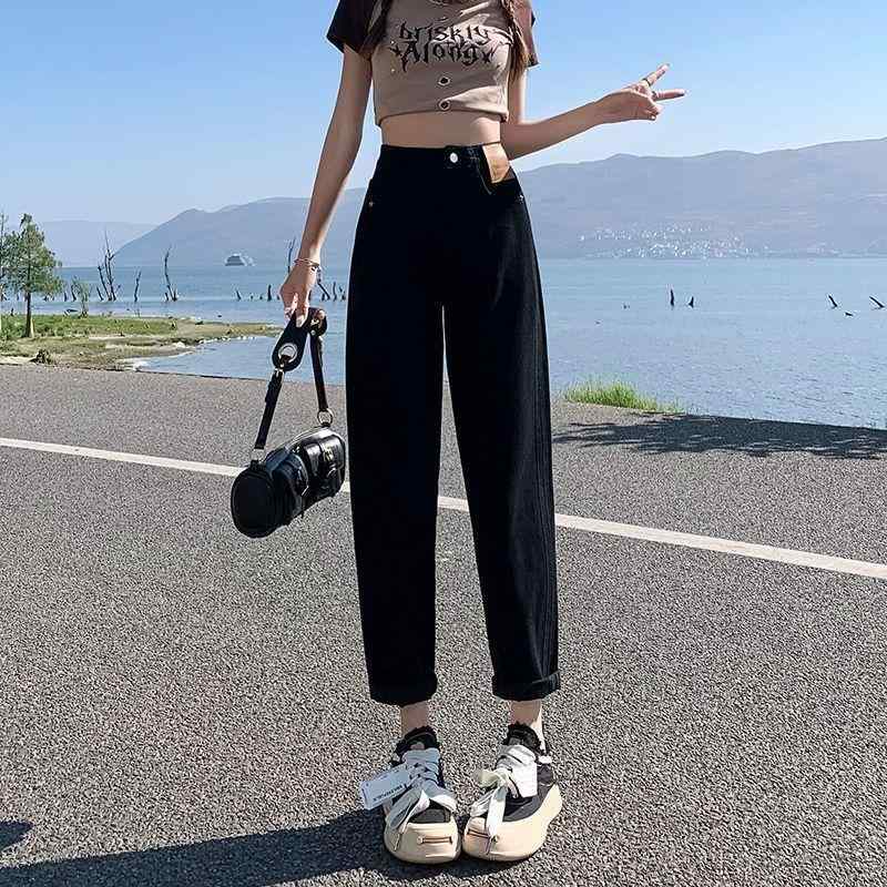 デニム レディース 高ウエスト ハーレムパンツ ゆったり 梨体型 ジーンズ ジーパン 黒 ブラック ブルー レトロ 文芸復古風 コットン 9分丈パンツ