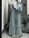 ジーンズ レディース 小柄 春秋 ハイウエスト 着痩せ効果 ゆったり レトロ ダメージ加工 カットオフ デニム ワイドレッグパンツ ジーパン 綿混紡 浅青 黒 S M L XL